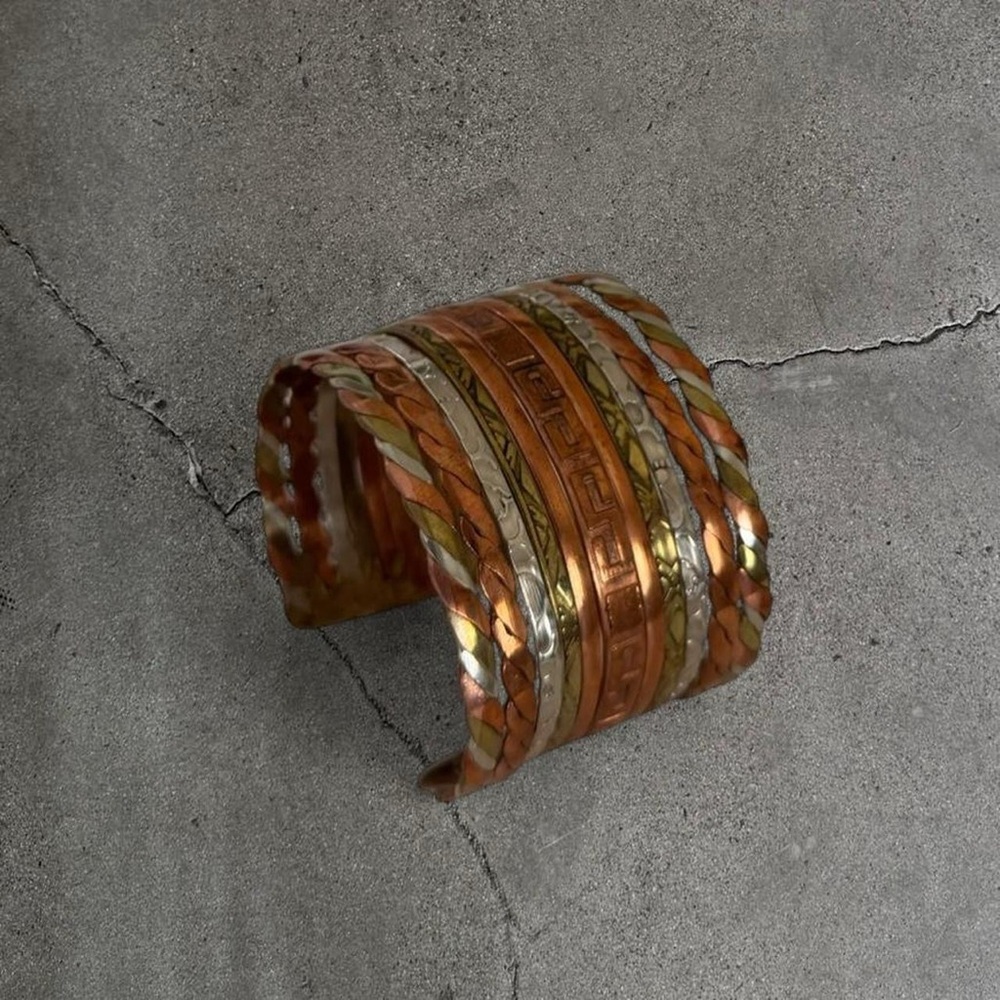Vintage Artisan Copper, 925 Silver & Brass Cuff Bracelet